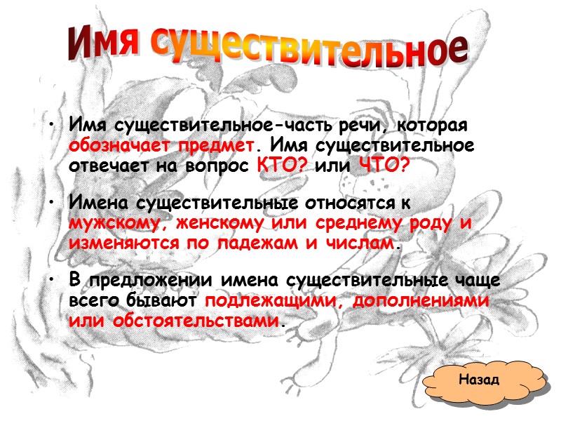 Имя существительное-часть речи, которая обозначает предмет. Имя существительное отвечает на вопрос КТО? или ЧТО?